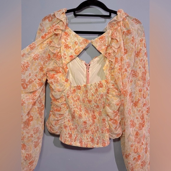 Free People Orange and Yellow Ruched Long Sleeve Blouse - Picture 2 of 4